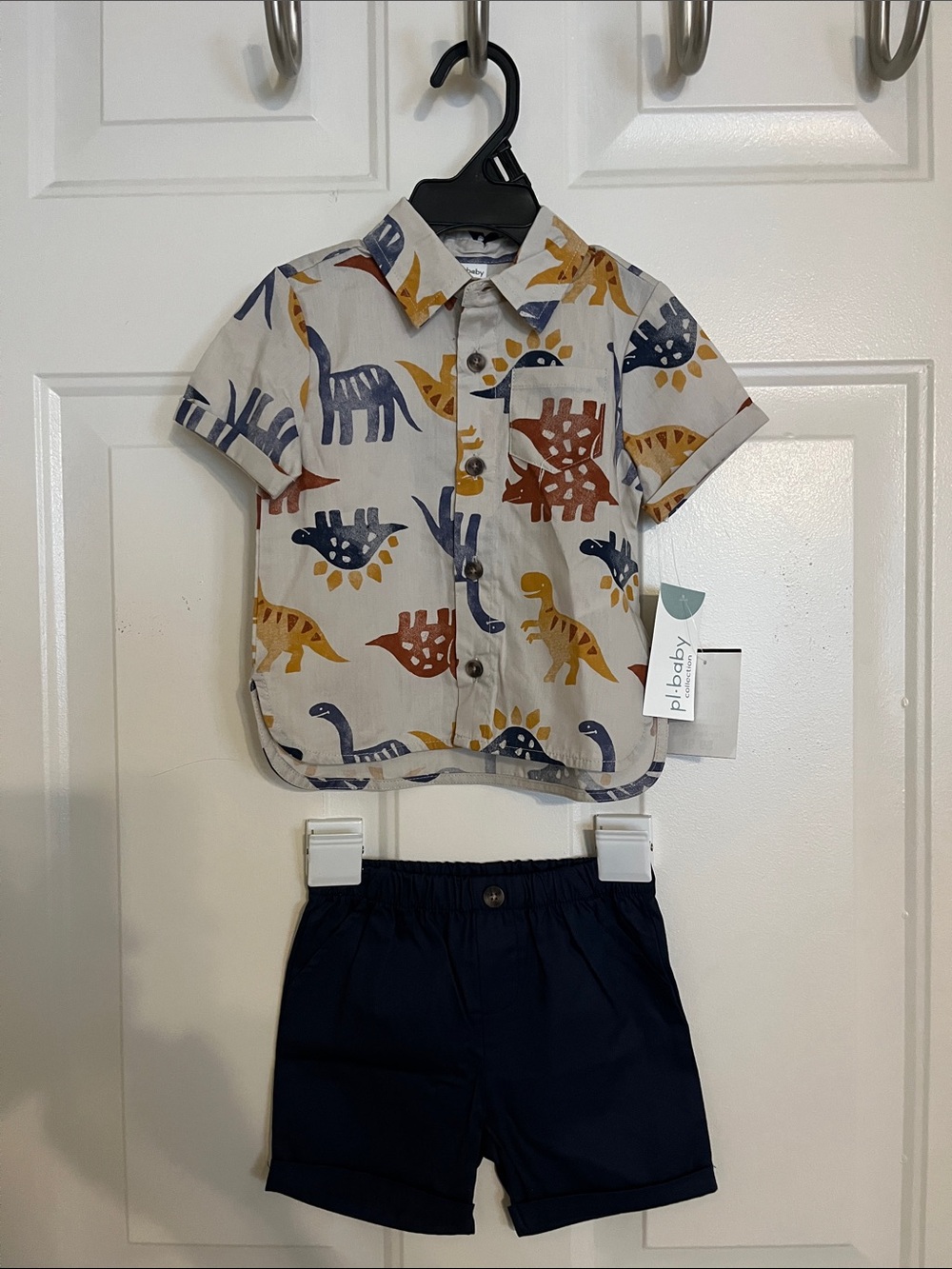 NWT Petit Lem Multicolor Dinosaur Button-Down Shirt and shorts set with socks